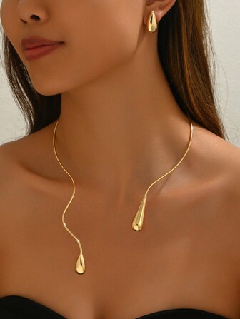 1set Fashionable Geometric Lines & Water Drop Shape Open Collar Necklace & Earrings