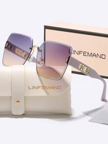 LINFEMAND Gafas decorativas sin marco de moda con degradado LINFEMAND, decoración con flores de perlas artificiales, adecuadas para mujeres, para fiestas de playa de verano, conducir, vacaciones, regalos para vacaciones de playa de verano, al aire libre, de viaje con decoración de perlas artificiales, estilo elegante de montura cuadrada sobredimensionada