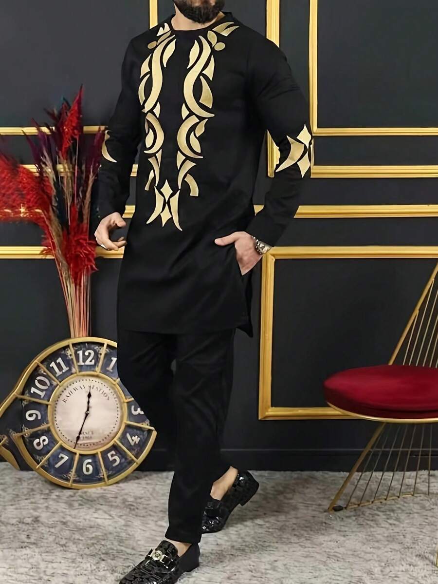 男士长袖传统非洲肯特印花纽扣衬衫，正装 - 黑色 - 查看 1