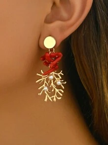 2 piezas Pendientes de bricolaje con incrustaciones de perlas falsas, corales rojos chapados en oro, cangrejo y estrella de mar de estilo marino clásico, adecuados para mujeres, uso en fiestas, vuelta al colegio y regalos festivos