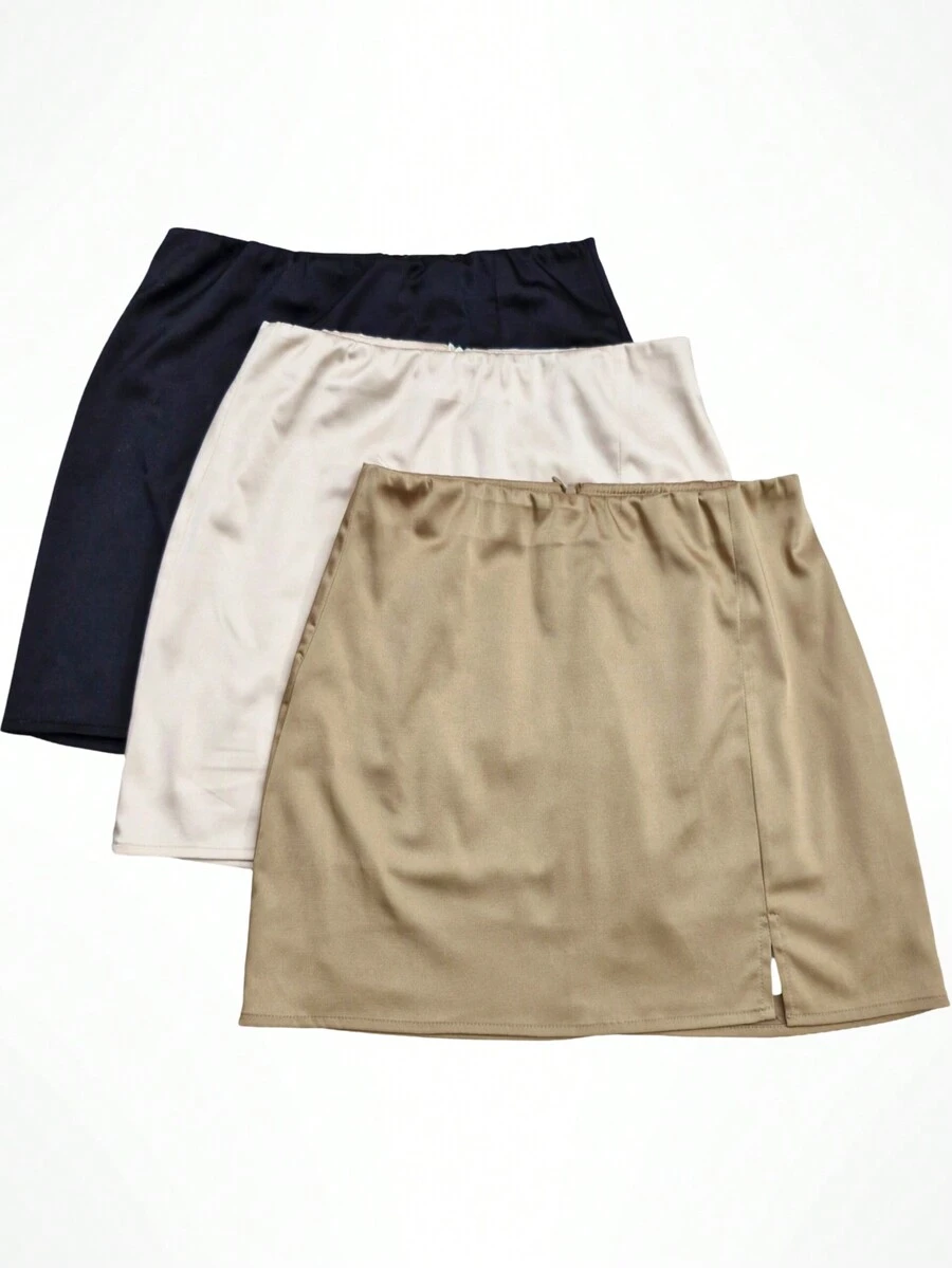 Kit Of 3 Short Satin Skirts With Mini Slit - Nhiều màu - Xem 1