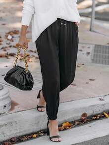 Women's Solid Color Drawstring Smocked Waist Joggers - Black - View 8