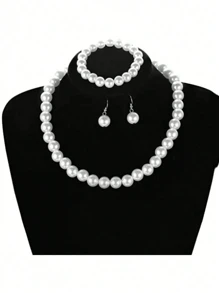4pcs/Set Faux Pearl Beaded Necklace, Bracelet, And Earrings. Elegant Round Bead Jewelry Set, Perfect Gift For Girls' Parties And Festivals - White - View 4