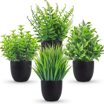 1 Set(3pcs Or 4pcs) Black Flower Pots Simulation Plants With Small Artificial Plants, Includes Flower Pots For Interior Home Decor, Office, Bathroom And Bedroom, Comes With Plastic Eucalyptus And Micro Wheat Grass Plants, Perfect For Indoor Desk Artificial Plant Decoration, Valentine Day, Gift Gifts Birthday Graduation,Garden Decor,Outdoor Plant,Gardening,Fake Flowers
