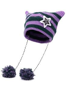 1pc Punk Gothic Y2K Cute Black White Beanie Hats Striped Cat Ears Wool Hat Women Autumn Winter Warm Little Devil Knitted Crochet Beanie Hat Christmas - Multicolor - View 13