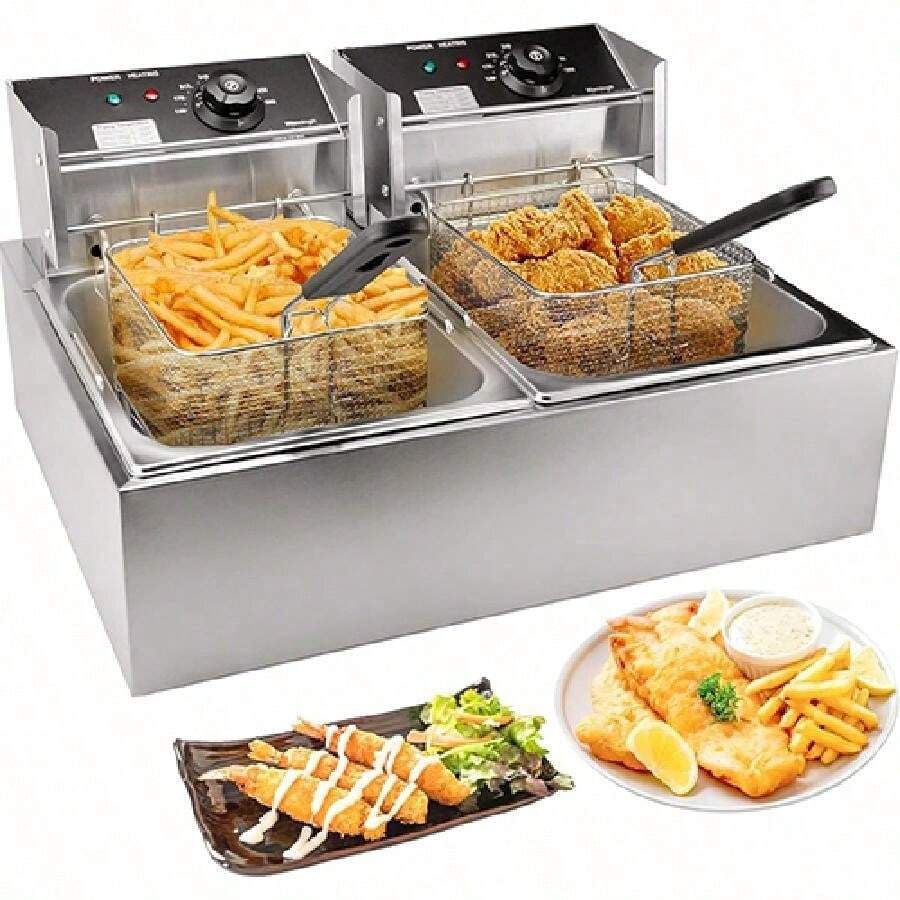 Freidora eléctrica de Aceite Industrial 12 Litros Doble Bandeja Acero Inoxidable;con 2 cestas y tapa ;Temperatura Ajustable Freidoras Industriales Electronica; para Papas a la Francesa Pollo Frito  pavo donas,etc - Plateado - Ver 1