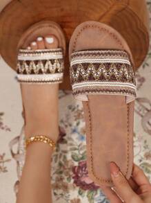 Women's Four Seasons Retro Court Style Casual Indoor Outdoor Brown Sandals , Roman Style Fashion Lightweight Comfortable Versatile Weaving Breathable Brown Slippers