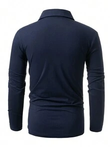 男士休闲拼色 V 领长袖 POLO 衫 - 藏蓝色 - 查看 3