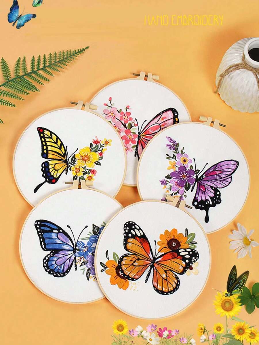 1 套莊周蝴蝶夢刺繡壁掛/桌布裝飾 Diy 刺繡材料包,帶繡圈、穿線器和顏色隨機纏繞板 - 彩色 - 查看 1