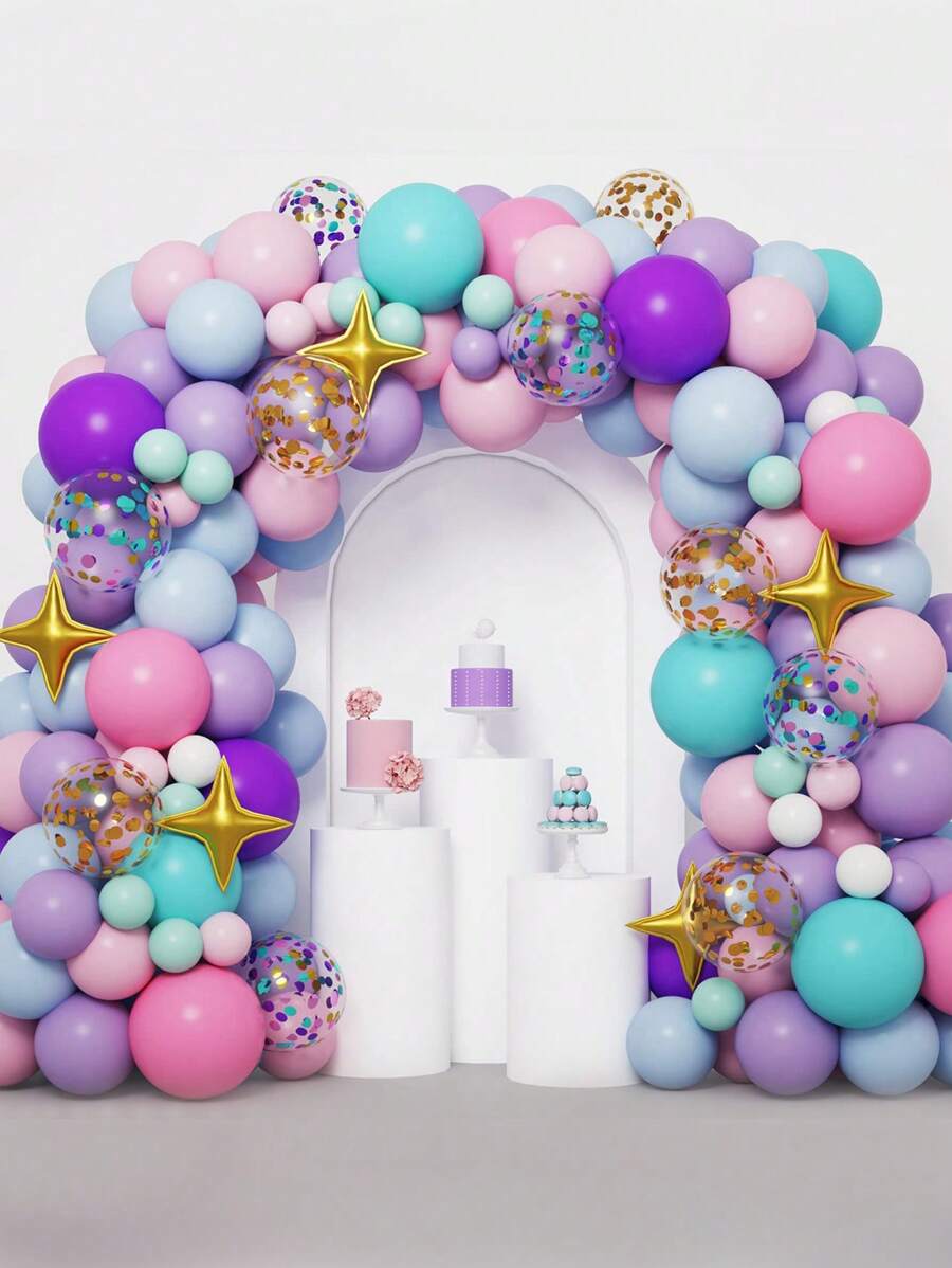 102 件独角兽星形气球花环拱门套件，紫色蓝色粉色乳胶五彩纸屑气球，生日快乐派对装饰，宝贝送礼会新娘送礼会性别揭秘派对用品，节日婚礼派对背景装饰 - 彩色 - 查看 1