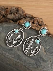 1 对复古几何镂空绿松石耳环，仙人掌设计耳环，新品 - 銀色 - 查看 2