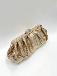 1pc Golden Fish Scale Sequins Pleated Shell Metal Studded Cloud Shaped Clutch Purse, Suitable For Bride, Wedding, Party, Formal Occasions, Fashion Purse Perfectly Matching With Birthday Dresses For Women, Party Bag Perfect For Party Wedding Prom Dinner/Banquet Matching With Holiday Party Dress Evening Dress & Sequin Dress , Gold Bag