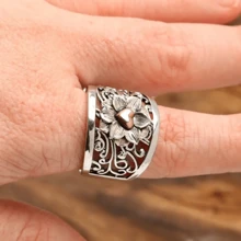 女士纯银镀金心形花卉戒指，复古波西米亚宽花丝珠宝，母亲节礼物 - 植物风格妈妈戒指情人节 - 銀色 - 查看 3