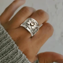 女士纯银镀金心形花卉戒指，复古波西米亚宽花丝珠宝，母亲节礼物 - 植物风格妈妈戒指情人节 - 銀色 - 查看 1