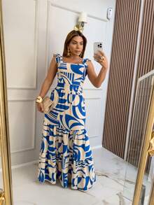 Modern Printed Long Summer Dress - Blue - View 2