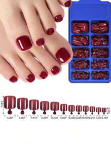 100片亮面假脚趾甲，12种尺寸/盒，酒红色，按压式，全覆盖，短方形假脚趾甲，人造亚克力美甲贴纸，女士美甲用品 - 酒紅色 - 查看 4