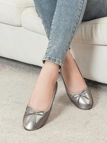 适合春夏秋季的棕色休闲芭蕾平底鞋，新款软底轻便低跟蝴蝶结鞋，百搭工作办公乐福鞋 - 深灰色 - 查看 4