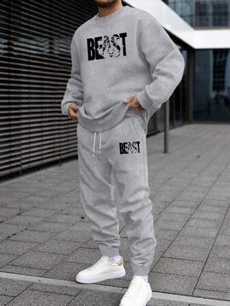 2pcs Fall Men's Sweatshirt And Sweatpants Set, Autumn Light Grey Long Sleeve Crewneck Casual Top, Knitted Elastic Waist Drawstring Light Grey Joggers, Letter Beast Graphic Printed