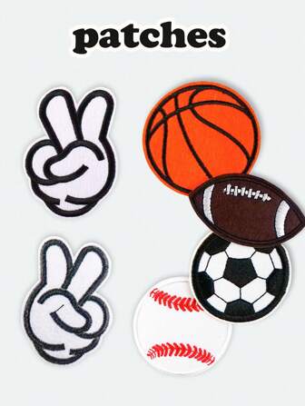 5pcs Sports Themed Patch Set: Football, Basketball, Rugby, Baseball, Victory Design, Cute Cartoon Style Iron On/Sew On Patches For DIY Clothing, Bags, Shoes, Hats