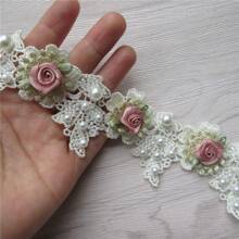1.96 Inch Vintage Gold Pearl Rose Flower Fabric Rhinestone Decor Floral Applique Lace Ribbon Craft, DIY Sewing Supplies - Multicolor - View 7