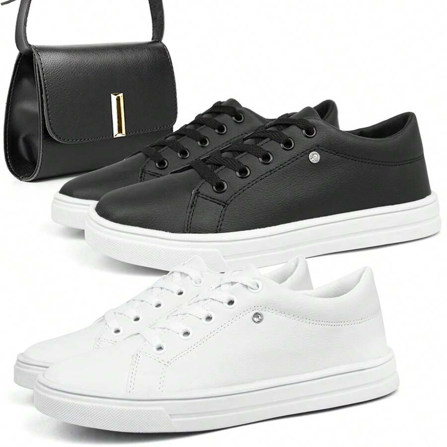 Women's Stylish Black Casual Modern Lightweight Streetwear Party Sneakers With Small Crossbody Bag - 白色 - 查看 1