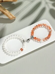 2pcs Classic Heart Magnetic Clasp Bracelet Set, Turquoise Represents Luck & Success, Crystal Energy Stone Bracelet, Friendship/Couple Valentine's Gift, Daily Accessory, 8mm Beads Crystal Bracelet Set - Multicolor - View 39