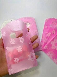 50个粉色花卉图案迷你珠宝包装袋，耳环和发饰小购物袋，非常适合精品促销和礼品包装，带手柄的迷你塑料礼品袋，紫色花朵图案，适用于派对、珠宝和礼品包装、情人节装饰、情人节礼品袋、返校情人节 - 粉色 - 查看 2