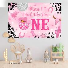 1 件粉色西部女牛仔主题派对背景横幅，210 * 150cm/150 * 100cm/100 * 75cm 粉色奶牛印花迪斯科派对背景布适用于生日派对装饰、拍照亭、蛋糕桌、卧室、客厅墙壁装饰