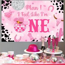 1 件粉色西部女牛仔主题派对背景横幅，210 * 150cm/150 * 100cm/100 * 75cm 粉色奶牛印花迪斯科派对背景布适用于生日派对装饰、拍照亭、蛋糕桌、卧室、客厅墙壁装饰