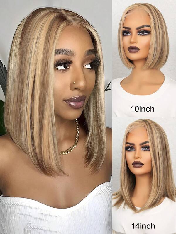 10-14Inch Short Straight Bob U Part Lace Wigs Ombre Brown Synthetic Ombre Lace Wigs For BOBO Wigs With Bangs Synthetic Heat Resistant Wigs Stylish Fashionable  Synthetic Wigs