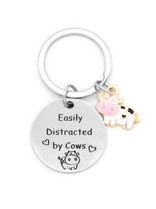 1个男女通用“容易被牛分心”主题牛钥匙扣，创意雕刻不锈钢材质，送给朋友的礼物 - 銀色 - 查看 3