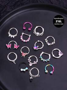 3件套Y2K风格16G鼻环链鼻中隔饰品蝴蝶、蛇、月光石鼻中隔环穿刺饰品不锈钢唇环仿珍珠鼻中隔卡扣环和马蹄形外星人星星杠铃铰链鼻中隔环耳廓、耳屏、耳骨、耳廓内侧、耳软骨耳环鼻中隔鼻环环穿刺饰品垂坠链鼻环男女通用10mm派对约会日常佩戴 - 粉色 - 查看 2