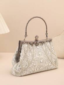 Glitter Bling,Shiny Glamorous,Elegant Sequin & Faux Pearl Decor Chain Evening Bag Dinner Bag For Party Girl,Woman,For Female Perfect for Party,Wedding,Prom,Dinner/Banquet,For Cocktail Best gift for women - Silver - View 1