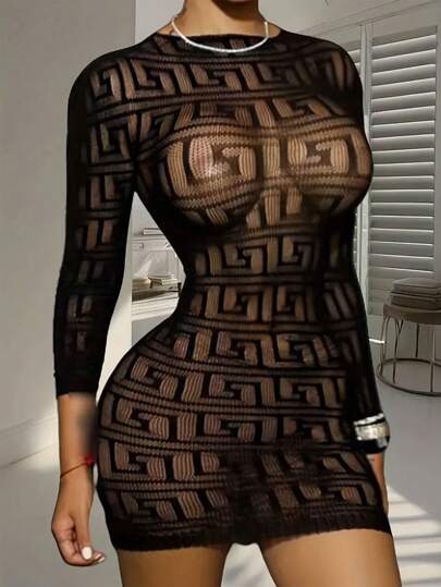 Plus Size Lingerie, Hollow Out Cover-Up, Sheer Solid Color High Elasticity Lace Dress