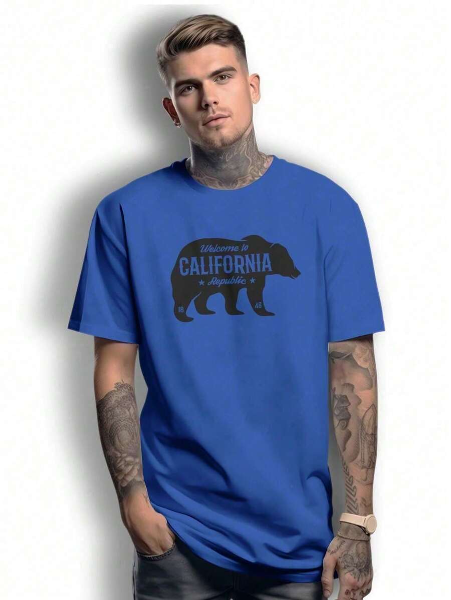 Basic T-Shirt Welcome California Bear 100% Cotton Shirt GPJ1 - Xanh đậm - Xem 1