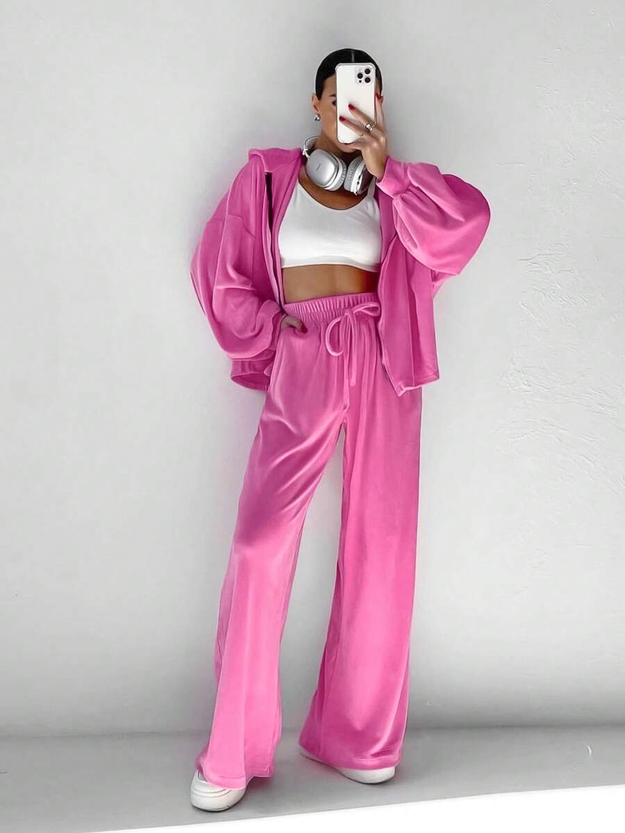 2pcs Street Wear Set - Loose Velvet Hoodie Sweatshirt And Elastic Waist Wide Leg Pants, Pink - Pink - View 1