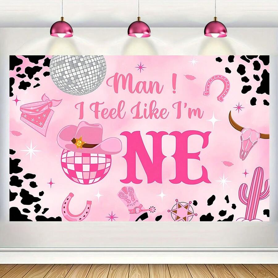 1 件粉色西部女牛仔主题派对背景横幅，210 * 150cm/150 * 100cm/100 * 75cm 粉色奶牛印花迪斯科派对背景布适用于生日派对装饰、拍照亭、蛋糕桌、卧室、客厅墙壁装饰