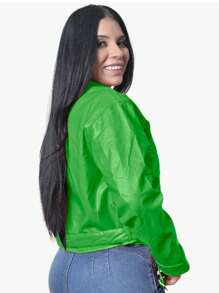 Chamarra Chaqueta Cazadora Mujer Piel Sintetica Peluche Interno Cremallera y Botones Bolsas de Cartera Cinturon Ajustable Moda - Verde - Ver 3