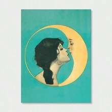 1入復古藝術畫布海報，女子與新月黃月光接吻畫布油畫，古董牆藝術畫布海報，浴室臥室辦公室客廳家居牆壁裝飾油畫，不包含畫框 - 彩色 - 查看 11