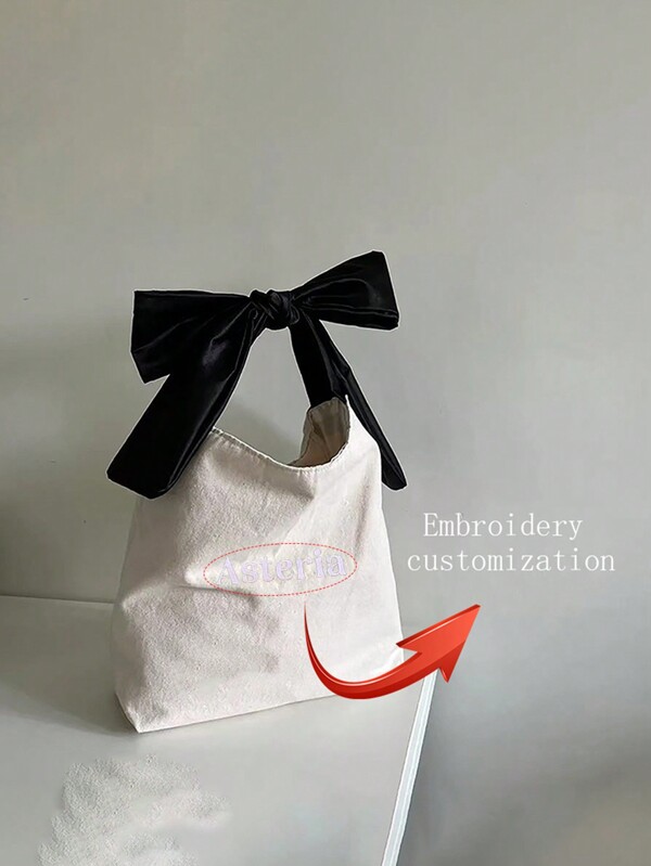Customized Embroidery Exclusive To Your Name New Fashionable Canvas Simple Design Bow Large Capacity Texture Shoulder Bag, School Exclusive Shoulder Bag Fashion Cute Bow Handbag, Casual Canvas Shoulder Bag, Suitable For School, Work, Date, Simple Style Women's Bag Valentines,Bows,Letter,Portable,For Anniversaries,For Holiday/ Vacation,For Outdoors/Outings/Travel/Hiking/Stadium/Sports/Climbing,For Business/Commute/Work/Office,For Graduation,For Weddings,Vacay Vibe,School Supplies,Back To School,School Gift,For Office,For School,For Classroom,For Teacher Gifts,For University,For Colleague,For Dorm Rooms,For Teacher,For Boys And Girls,For Teenagers,Junior High School Students,Middle School Students,High School Senior High School Students,College Students,University Students,Freshman,Sophomore,Underclassmen