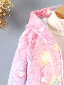Girls Cute Unicorn Print Luminous Plush Splice Contrast Color Ribbed Minimalist Fluffy Jacket, Autumn/Winter - Pink - View 4