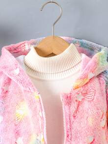 Girls Cute Unicorn Print Luminous Plush Splice Contrast Color Ribbed Minimalist Fluffy Jacket, Autumn/Winter - Pink - View 3