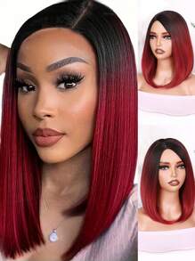 14 Inch Short Bob Wig, Ombre Color, Dark Root, Heat Resistant Synthetic Wig Suitable For Daily Wear, Cosplay, Party, Etc. - Burgundy - View 2