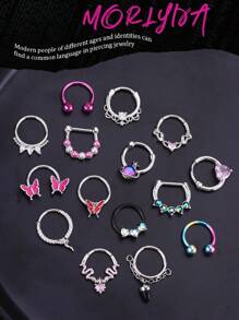 3件套Y2K风格16G鼻环链鼻中隔饰品蝴蝶、蛇、月光石鼻中隔环穿刺饰品不锈钢唇环仿珍珠鼻中隔卡扣环和马蹄形外星人星星杠铃铰链鼻中隔环耳廓、耳屏、耳骨、耳廓内侧、耳软骨耳环鼻中隔鼻环环穿刺饰品垂坠链鼻环男女通用10mm派对约会日常佩戴 - 粉色 - 查看 1