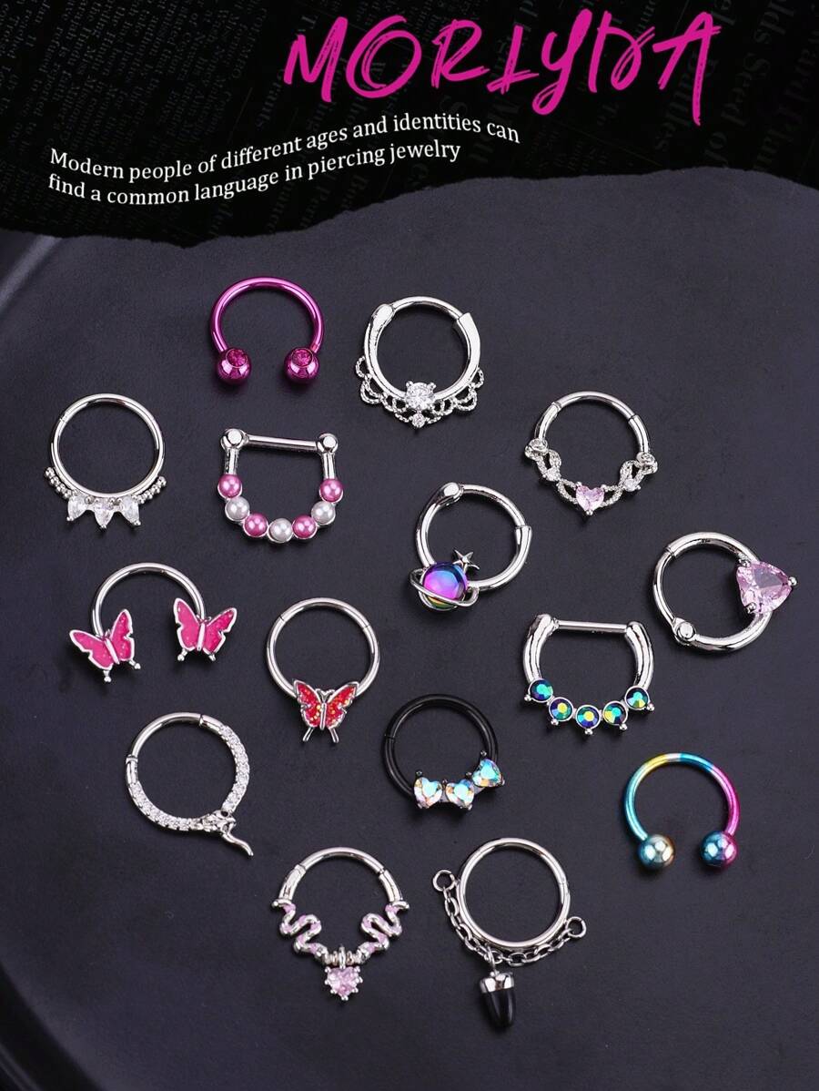 3件套Y2K风格16G鼻环链鼻中隔饰品蝴蝶、蛇、月光石鼻中隔环穿刺饰品不锈钢唇环仿珍珠鼻中隔卡扣环和马蹄形外星人星星杠铃铰链鼻中隔环耳廓、耳屏、耳骨、耳廓内侧、耳软骨耳环鼻中隔鼻环环穿刺饰品垂坠链鼻环男女通用10mm派对约会日常佩戴 - 粉色 - 查看 1