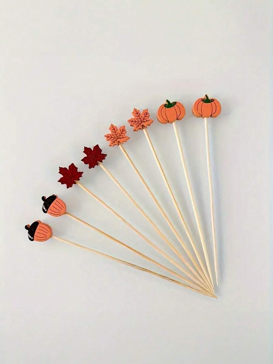 20/25/30/35/40/45/50/60/100pcs Autumn Cocktail Pick - Decorative Toothpicks For Appetizers, Fruit Skewers With Leaves, Pumpkins, Bamboo Toothpicks With Maple Leaves, Pumpkins, And Acorns - Perfect For Thanksgiving And Fall Parties - Multicolor - View 1
