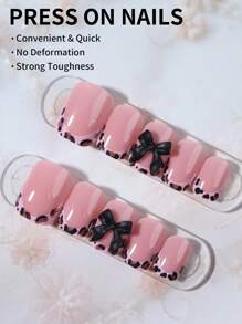 24片装短款Squpink法式美甲贴纸，中号3D蝴蝶结设计亚克力假指甲套装，包含1片果冻胶和1个指甲锉，易于佩戴，适合女性日常工作、节日、派对、美甲用品 - 彩色 - 查看 3