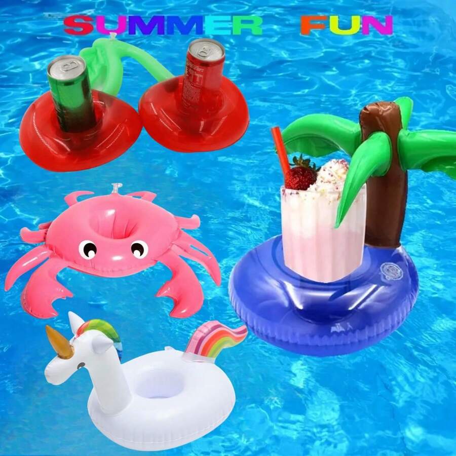 1入組充氣式水上飲料架，浮動式飲料杯杯墊套裝，帶有雙重櫻桃、椰子、飛馬、螃蟹造型裝飾，夏天必備 - 彩色 - 查看 1