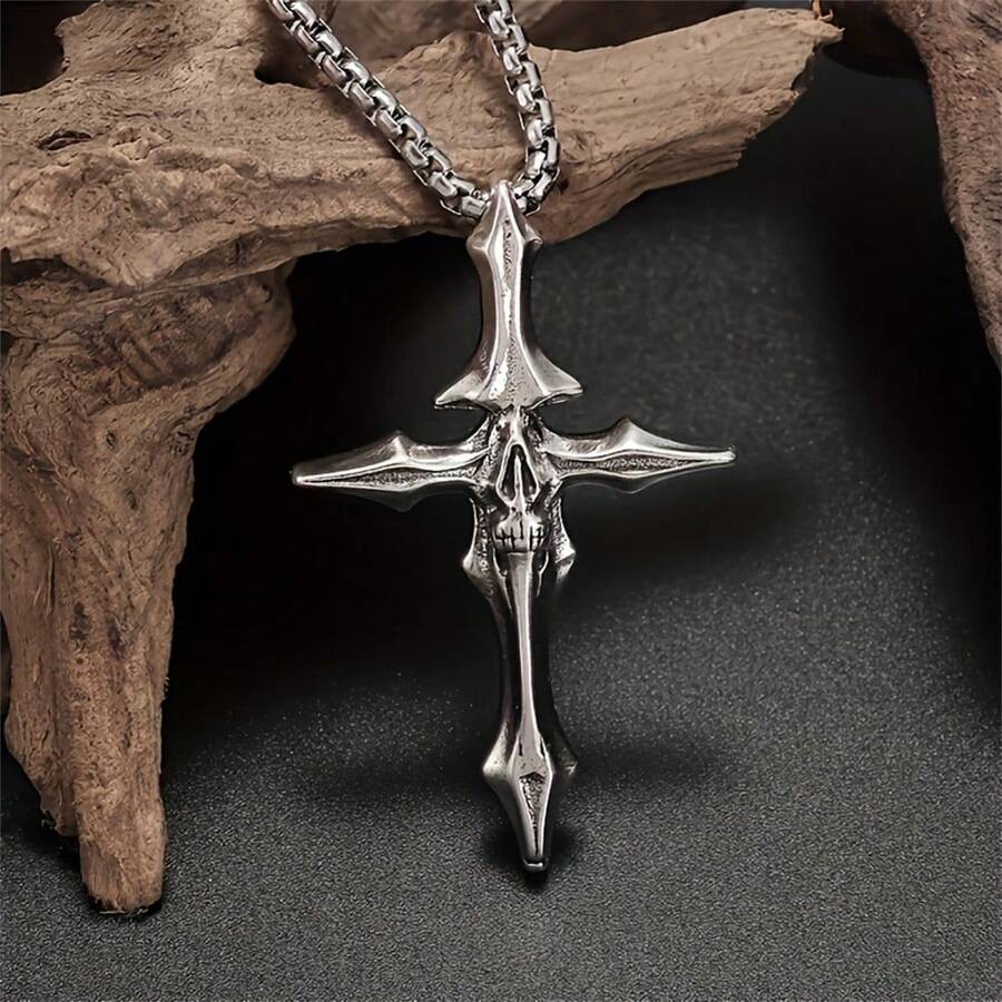 SeuSuk 1pc Vintage Gothic Skull Cross Pendant Necklace, Personalized Punk Rock Halloween Street Party Jewelry Gift For Men & Women - Silver - View 1