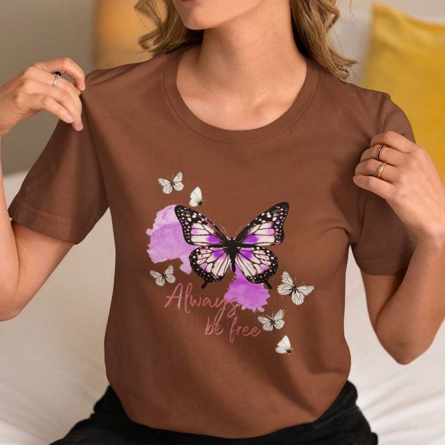 Basic Women's T-Shirt, T-Shirt, Casual, 100% Cotton, Premium With Round Neck, Animal Print Butter, High Definition - 鏽棕色 - 查看 1